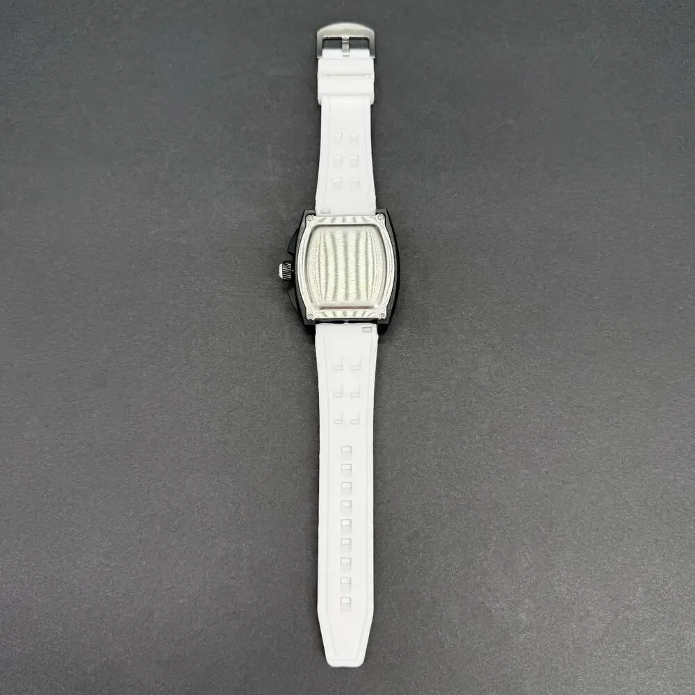 Mens White Tonneau Quartz Mille Fashion Watch Skeleton Dial Mille Style Barrel